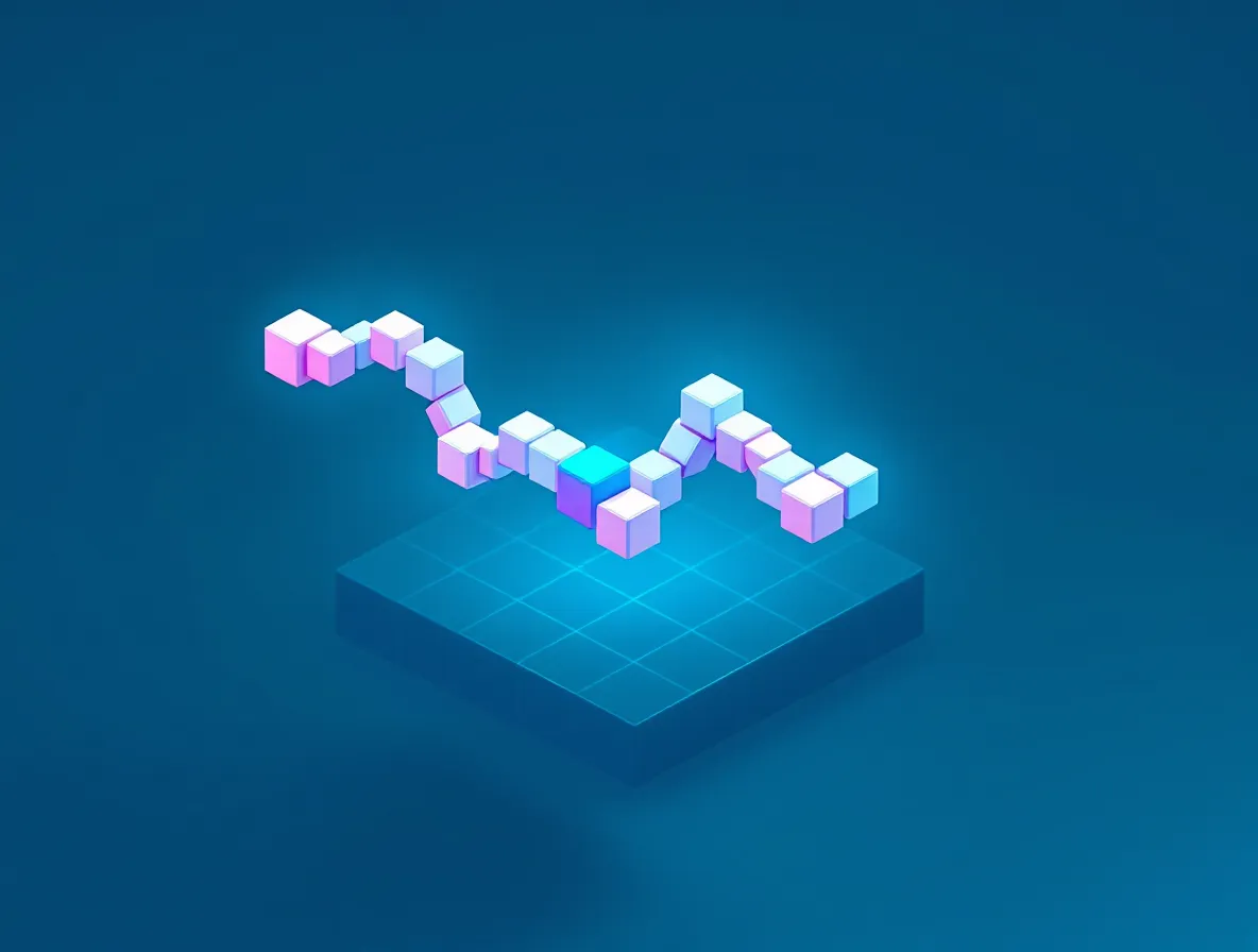 Isometric voxel render of a nine-unit peptide chain coordinating a glowing cyan zinc cube on dark indigo